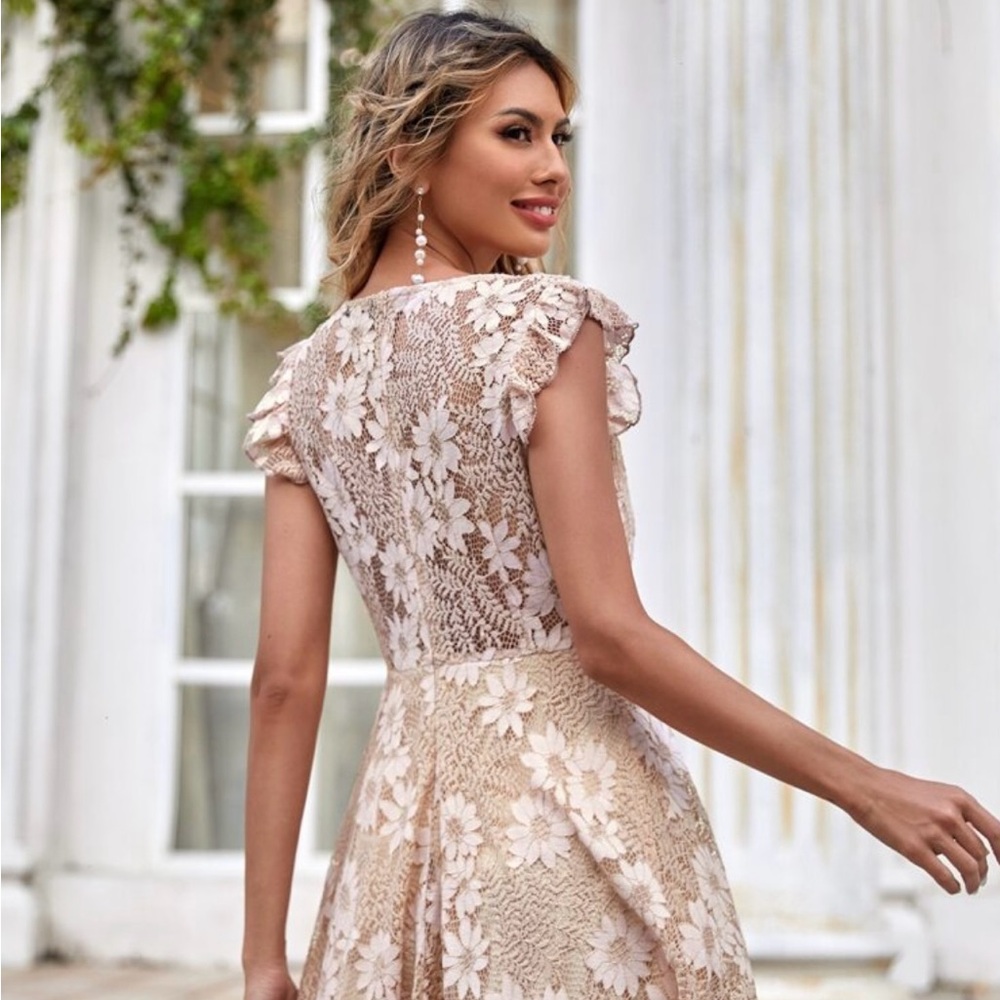 Lace overlay Ruffle Trim Zipper back A-Line dress size XS